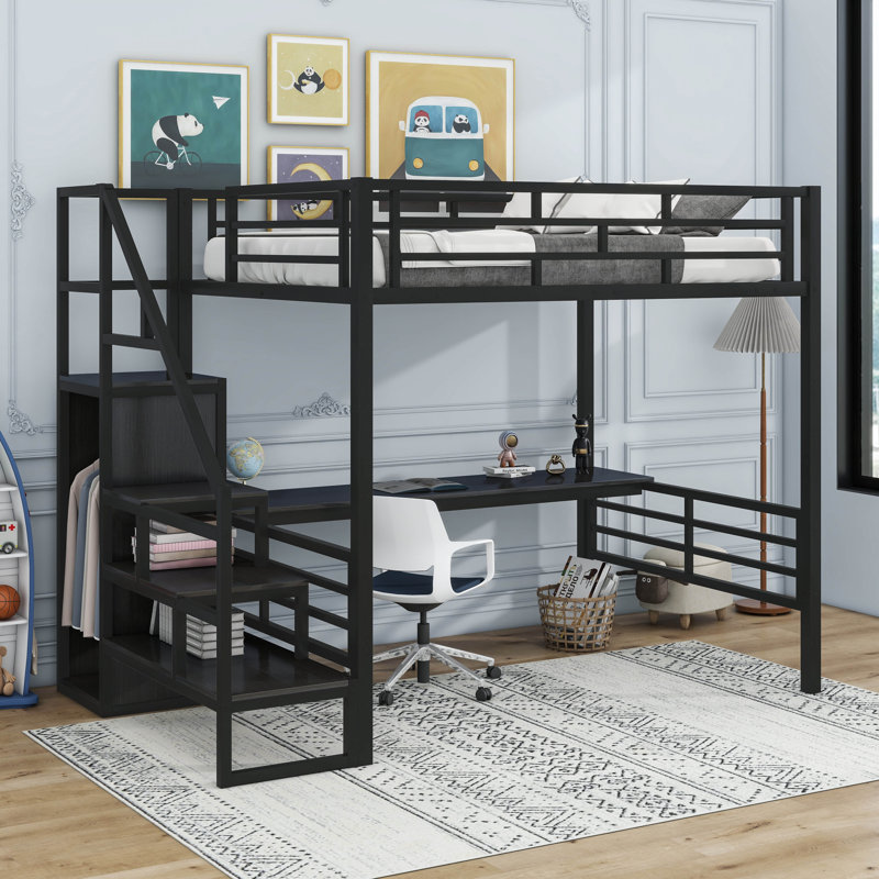 Isabelle Max Amalee Full Size Metal Loft Bed with Desk Storage Staircase and Small Wardrobe Wayfair